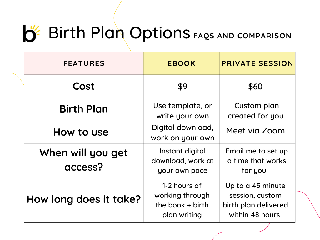 Comparison chart of options for birth plan writing vs. ebook purchase